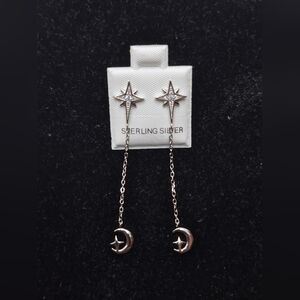 .925 Sterling Silver Dangling Star and Moon Earrings, Jewelry
